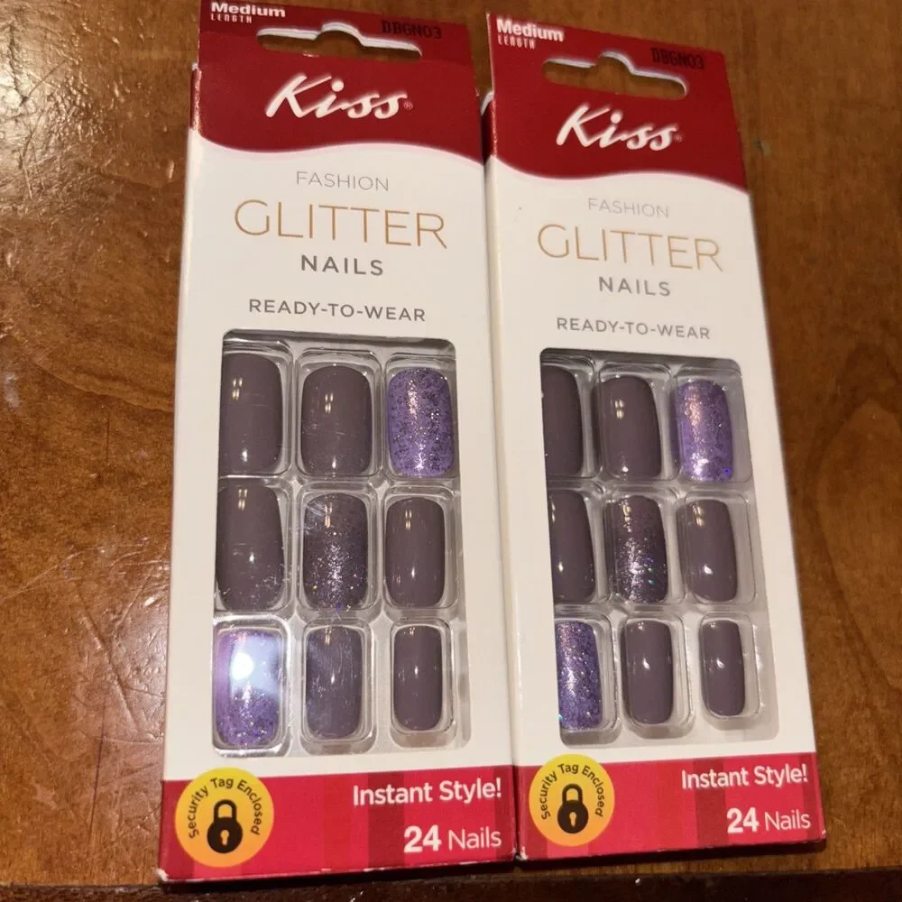 KISS NAILS GLUE ON Fashion Glitter Purple Medium LENGTH COFFIN BALLERINA SHAPE